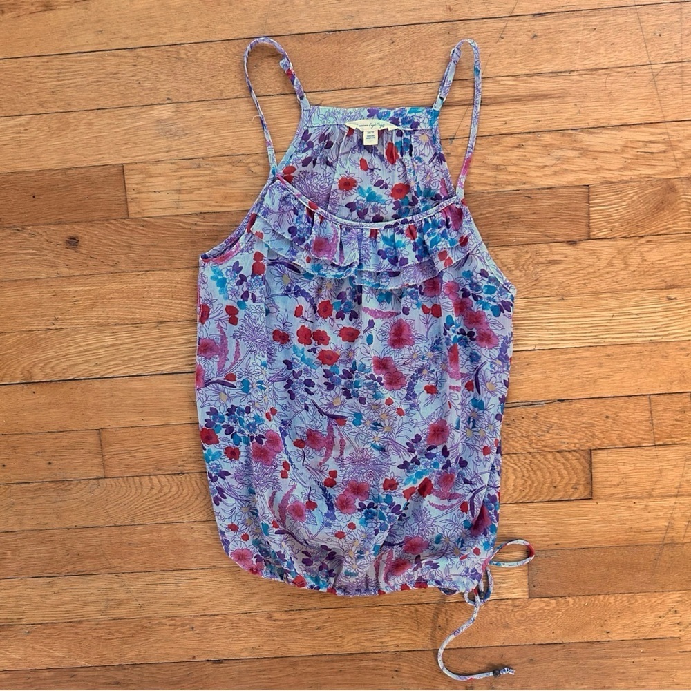 American Eagle Floral Sleeveless Blouse Womens Size XS Purple Ruffle Beaded